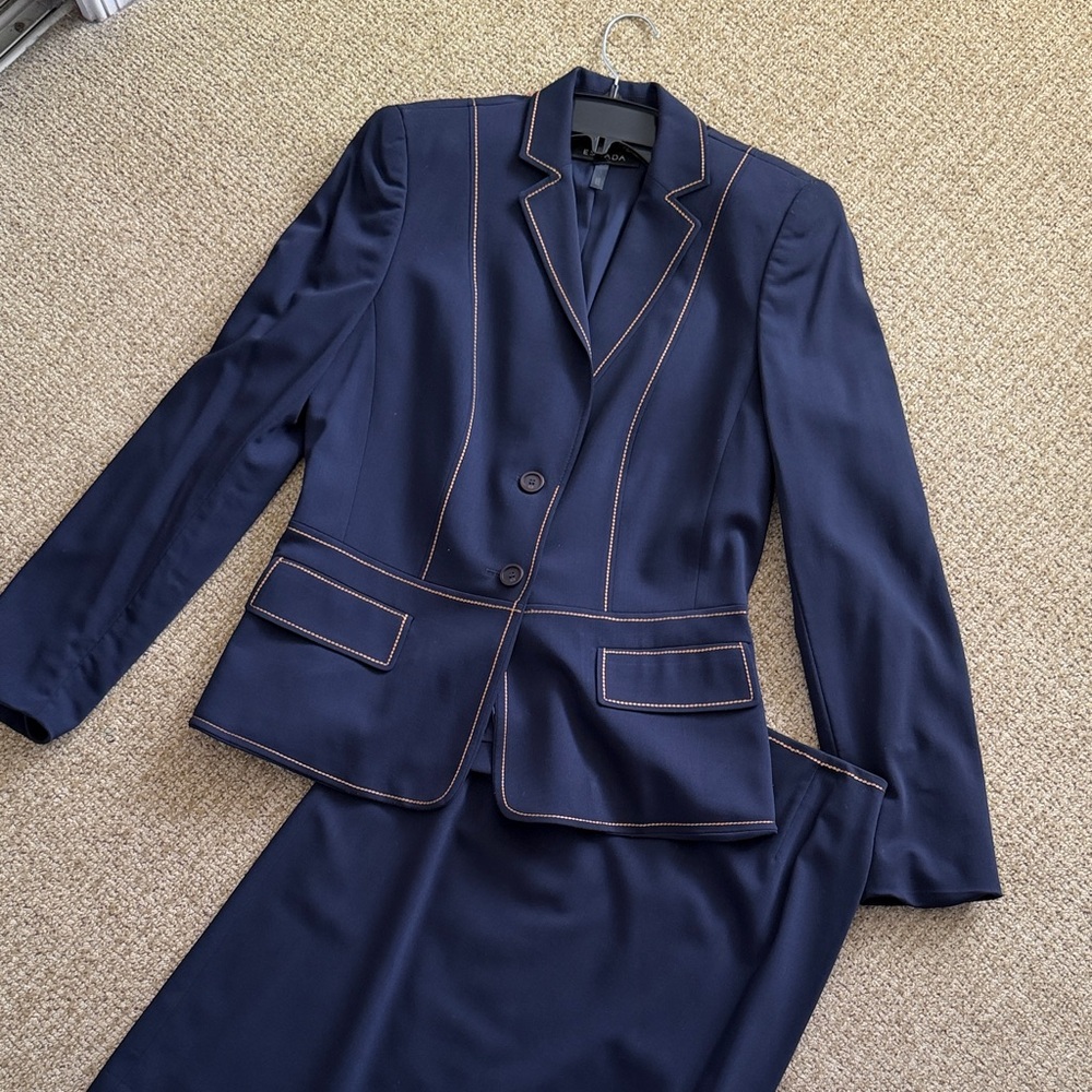 Escada Navy Blazer and Skirt Set with Contrast Stitching